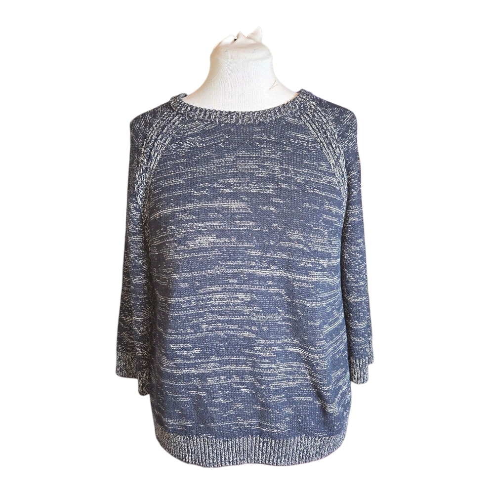 Massimo Dutti Navy & White Marled 3/4 Sleeve Split‎ Back Crewneck Sweater Size M